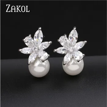 ZAKOL Fashion Cute Exquisite Flower Stud Pearl Crystal Earings White AAA Zircon For Women Jewelry Wedding Party Gifts FSEL859