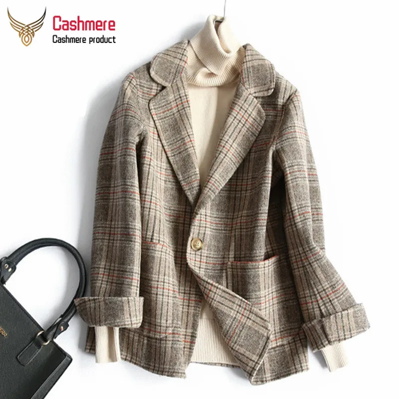 

Women's coat British small suit women's checked woolen coat short section 2020 spring new casual woolen coat women's commute