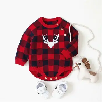 

0-18M Christmas Newborn Infant Baby Girl Bodysuits Baby Boy Clothing Knit Bodysuit Xmas Deer Plaid Bodysuits Jumpsuit Playsuit