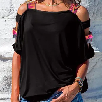 

Hot Sale Women Bare Shoulder Shirt New Vintage Boho Print Cold Shoulder Tunic Loose T-shirt Pure Color Short Sleeve Tees Tops