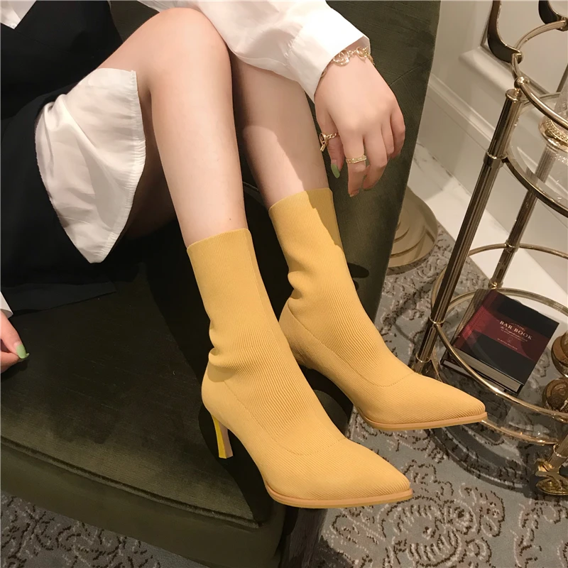 Необычные вязаные сапоги с банановым каблуком; женские эластичные носки с острым носком ярких цветов; botas mujer; эластичная ткань на высоком каблуке; botines513