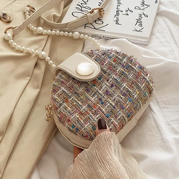 

Elegant Female Mini Round Bag 2019 Fashion New High Quality Woolen Women's Designer Handbag Pearl Chain Shoulder Messenger Bag