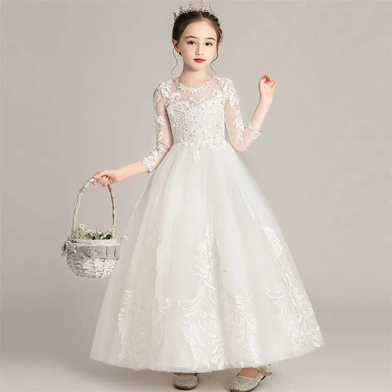 white long dress Детское Сетчатое платье белого цвета с вышитыми цветами для девочек на день рождения, свадьбу, вечеринку; элегантная одежда для детей и подростков - Цвет: white long dress
