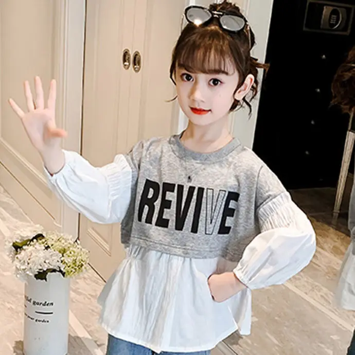 

Spring Autumn Girls Loose Tops 2022 New All-Matched Bottoming Shirt Children'S Korean Letter Print Splicing T-Shirt Casual Tee