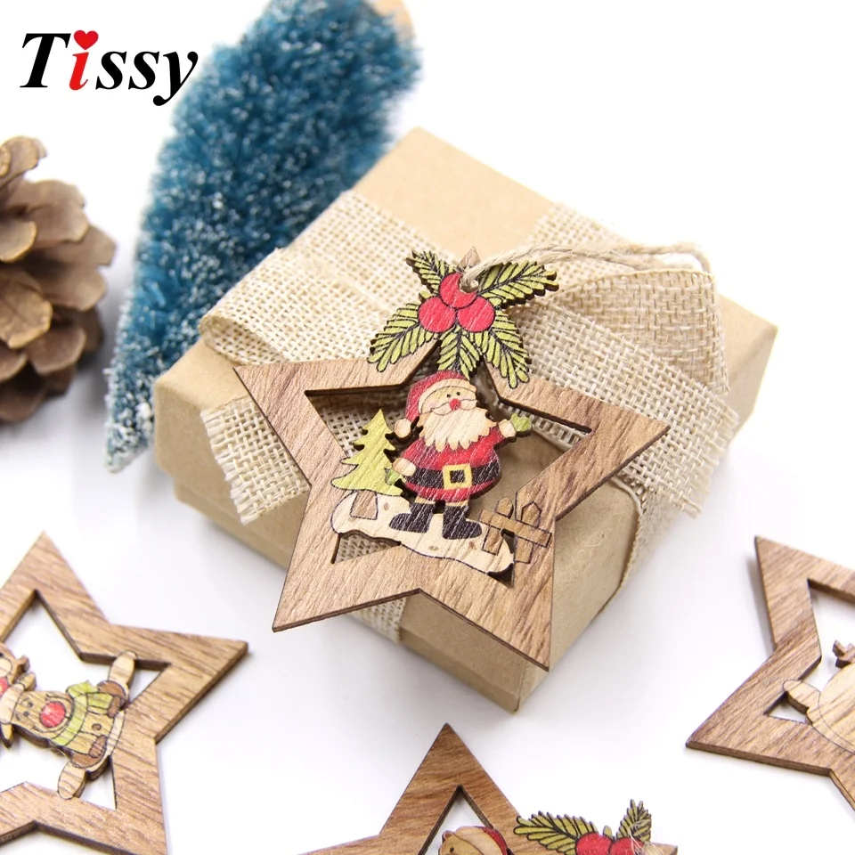 Star Printed Wooden Pendant Ornaments 1SET christmas decorations