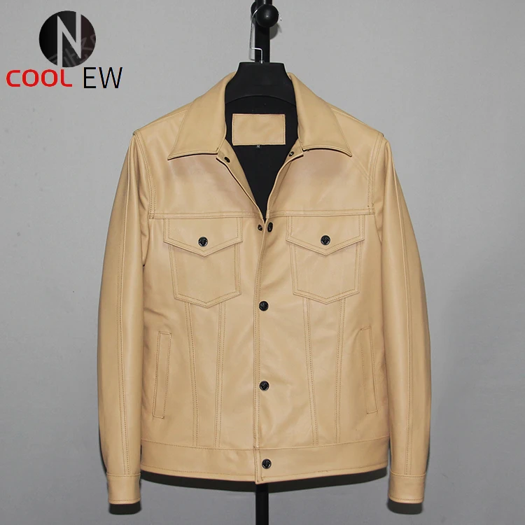 Chaqueta de piel de vaca teñida al agua calidad barata, abrigo cuero genuino informal, ropa de cuero estilo denim Delgado, moda|Abrigos de cuero -