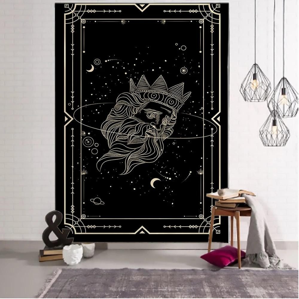 Tapestry Decor Golden Black Sun Moon Tarot Mandala Tapestry Wall Hanging Witchcraft Hippie Wall Carpets Dorm Decor Psychedelic Tapestry