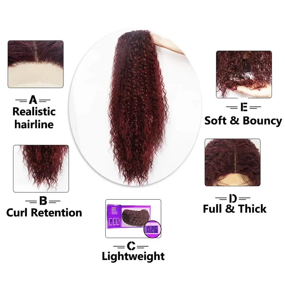 ANOGOL Natural Long Wine Burgundy Kinky Curly Synthetic Lace Front Wig with Baby Hair Heat Resistant Wigs Middle Part for Women
