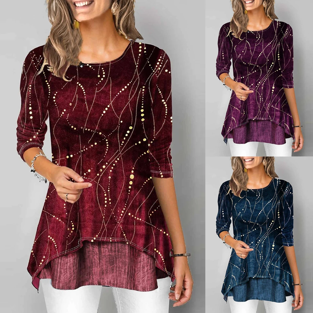 

Irregular Hem T-Shirt Women Fall Spring Three-Quarter Sleeve Dot Print Tops Elegant Pullvers Ladies D30