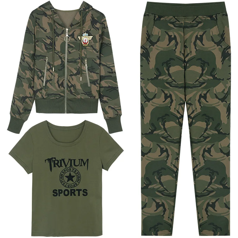 Camouflage Three Piece Set Tracksuit Women Zipper Tops+ T-shirt+ Pants Suit 3pcs Hoodies Sets Female Military Sporting Suits
