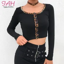 Iamhotty Womens T Shirt Tops Leopared Square Collar Long Sleeve Basic Tee Shirt Autumn Short Womens Tshirts Casual Black Femme