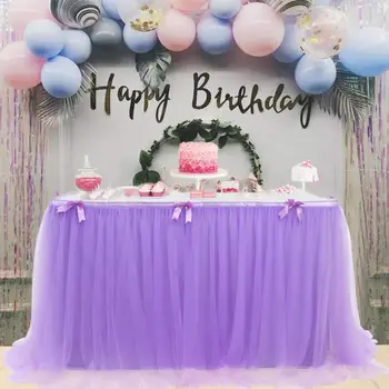 

Rectangle Tulle Table Skirt Cover for Wedding Baby Shower Birthday Party Decoration Layered Tutu Mesh Tablecloth with Bowknot