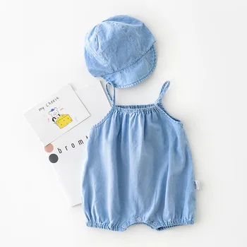 

2PCS WLG Baby Clothes Toddler Denim Blue Strap Romper with Hat New Born Boys Girls Casual Clothes for 6-24M