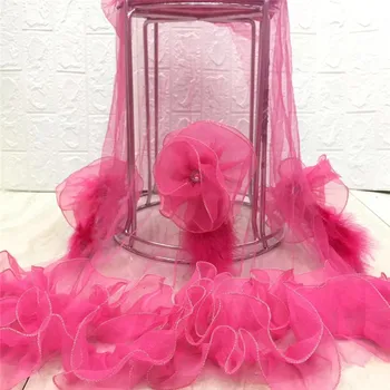 

New Design African 3d flower fuchsia Lace Fabric High Quality French Nigerian stones Embroidered Tulle Lace Fabric With Stones
