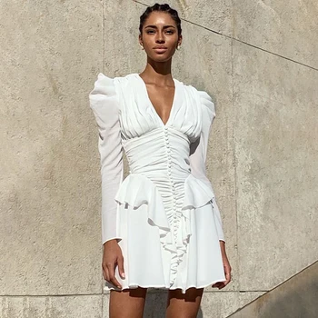 

2020 Womens White Dress Sexy V-neck Pleated Puff Sleeve Ruffled Button Design Mini Dress Bodycon Celebrity Club Party Dresses