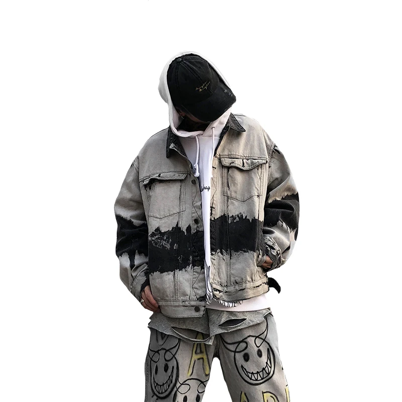 ABOORUN Fashion Men's Tie Dye Hip Hop Denim Jacket Oversized Streetwear Blue Jeans Jacket for Male R2981