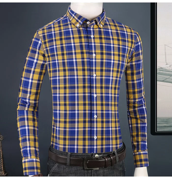 Men's Fashion Versatile Plaid Checkered Cotton Shirt Traveling Casual Standard-fit Long Sleeve Pocketless Button-down Shirts
