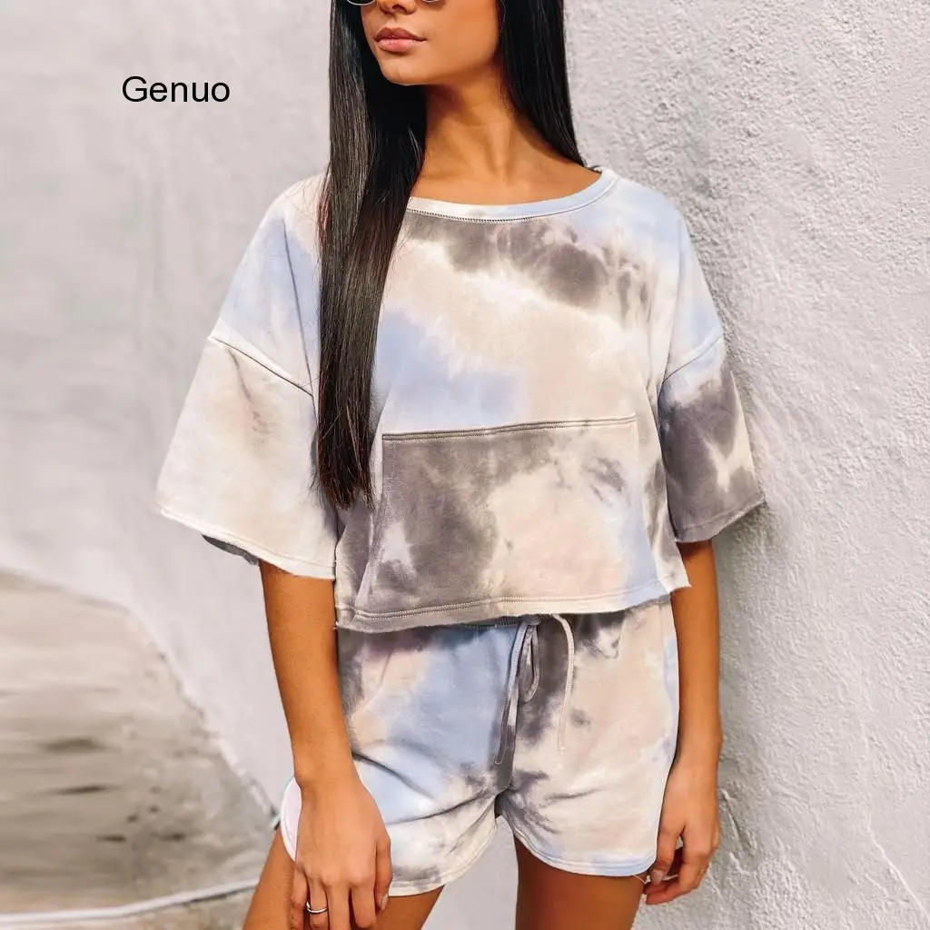 2020 New Tie Dye Printed Women Pajamas Sleeve Tops And Pants Hooded Pijamas Feminino Set Nightwear Casual Sleepwear Nightwear