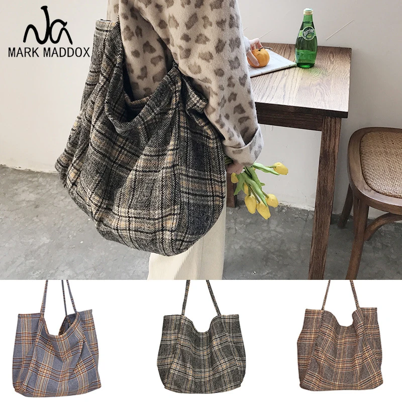 

2019 Women Woolen Canvas Bags Scottish Pattern Vintage Plaid Female Large Capacity Big Tote Handbag Ladies Casual Shoulder Bag