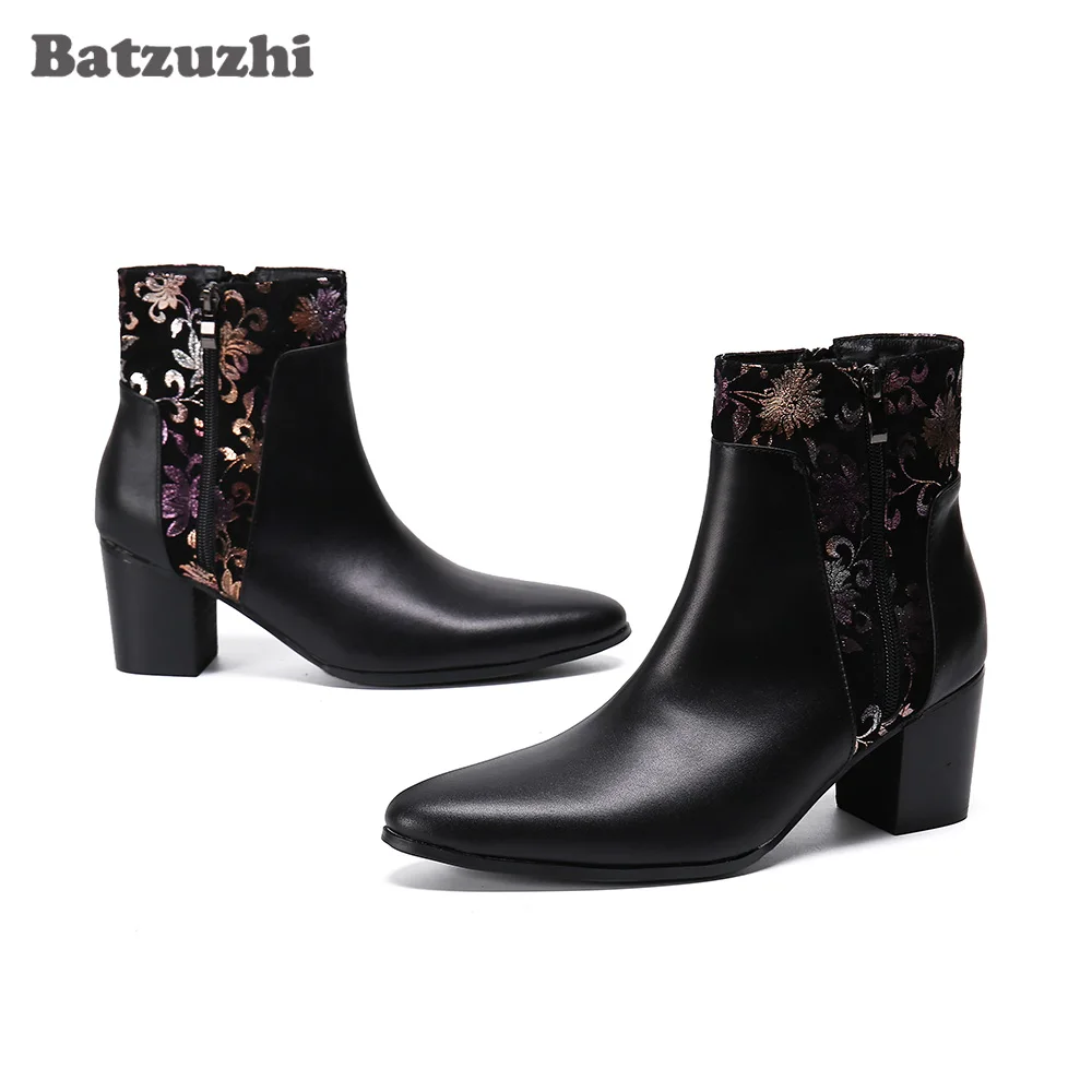 Batzuzhi 7.5CM Heels High Men Boots Black Genuine Leather Ankle Boots Gentlemen chaussure homme Party and Wedding Boots for Men