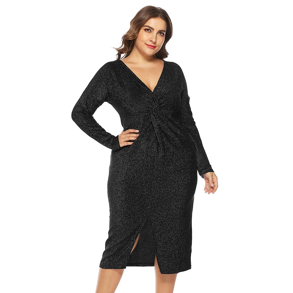 

Fadzeco Women Glitter Bodycon Dress Autumn Sexy Wrap V Neck Long Sleeve Cocktail Party Midi Dress