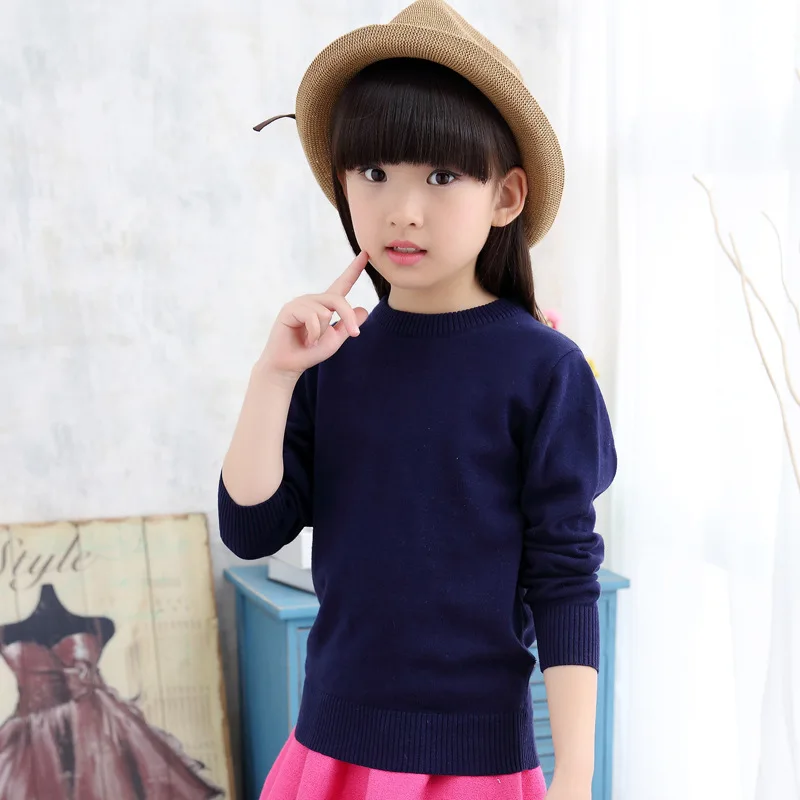 Г. Весенние свитера с длинными рукавами для мальчиков трикотажные пуловеры для девочек с рисунком, однотонные топы, хлопковая верхняя одежда для детей от 4 до 15 лет - Цвет: Girls Navy Blue