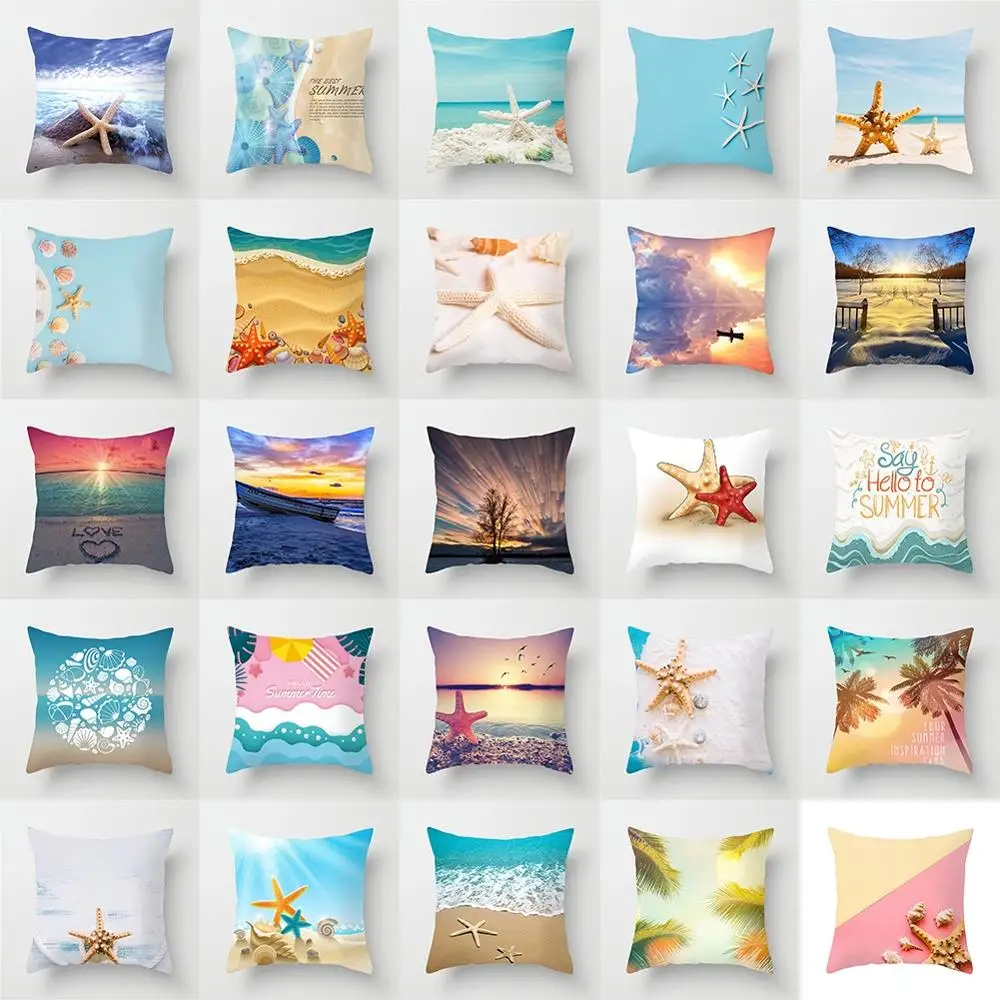 

18" Summer Starfish Pattern Soft Cushion Cover Waist Pillow Case Sofa Car Short Plush Pillowcase Fashion Home Decoration