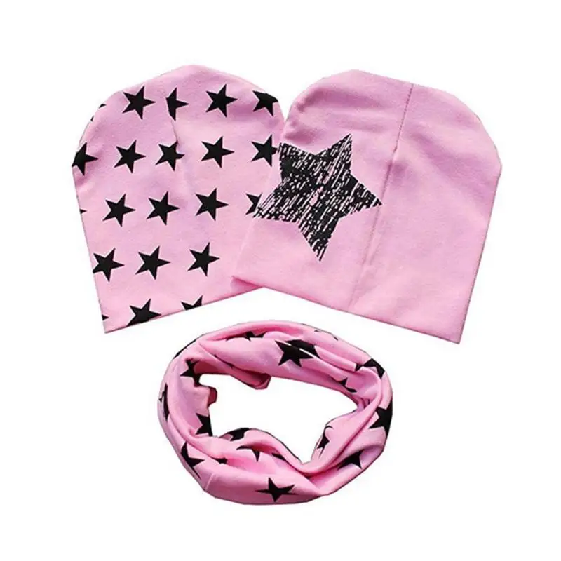 3 шт. зимние детские шапки из хлопка со звездами, Детские шапочки, шарф, набор для новорожденных, поставка классических цветов и простой прочный дизайн - Цвет: Розовый