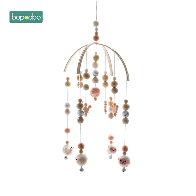 Bopoobo 1set Silicone Beads Baby Mobile Beech Wood Bird Rattles Wool Balls Kid Room Bed Hanging Decor Nursing Children Products Peachy Crown