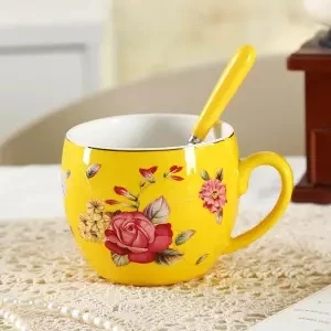Красочная чашка, керамическая чашка с большим горлом, пара кофейных чашек, подарок на день рождения, кружка с молоком, эксклюзивная чашка с ложкой и кружками, милая кофейная кружка - Цвет: 400ML