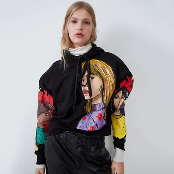 

ZA 2019 Autumn New Print Sweatshirt Women Fashion Long-sleeved Hooded Loose Casual Cartoon Girl Print Sweatshirt Hot Sales