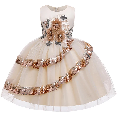 Летние платья для девочек 3-10 лет с объемным цветком и блестками; элегантное платье принцессы; детское вечернее платье; свадебное платье для девочек - Цвет: L5148 Beige