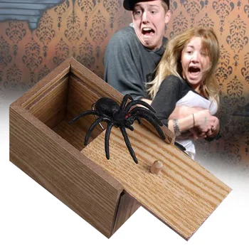 

Hot Selling Gag Gift Tricky Toy Funny Prank Spider Wooden Scare Box Lifelike for Kids Adult