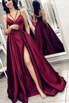 

Unique Straps Prom Gown Side Split A-lline Evening Dress with Pockets