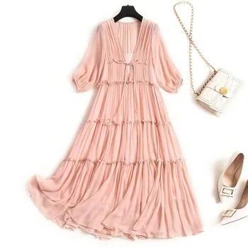 

Natural Silk Dress Beach Style V-Neck Robe Ete Rouge Long Dress with A Sleeve Summer Women's Costumes women's dresses long