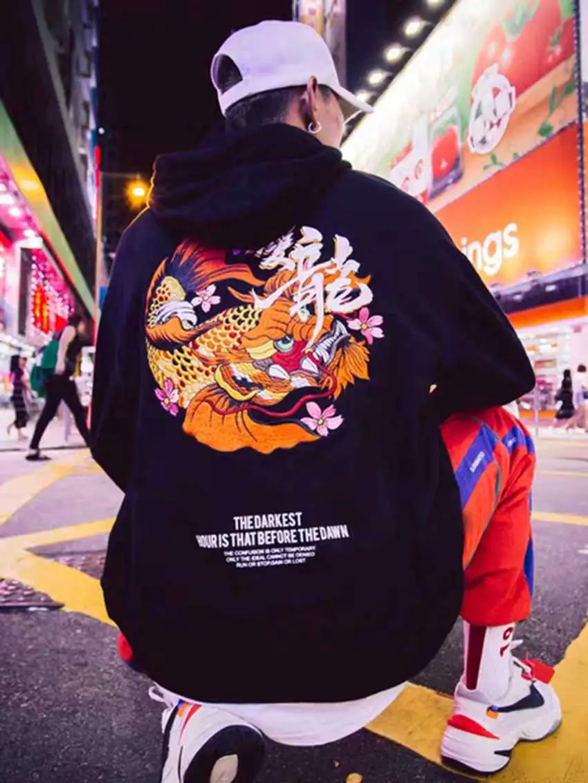 Худи для оптовых продаж японские толстовки с драконом Прямая Толстовка уличная унисекс толстовки спортивные пуловеры теплая одежда