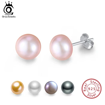 ORSA JEWELS 925 Sterling Silver Pearl Earrings 8mm White Pink Purple Round Freshwater Pearl Women Earrings Gold Jewelry OSE86