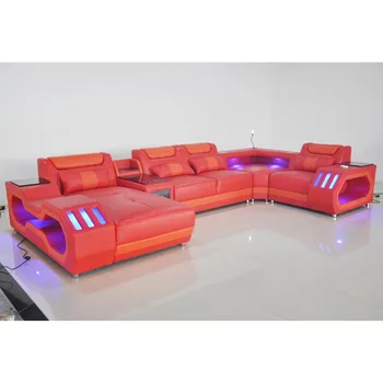 

Home Cinema Living Room Sofa storage LED Lights corner real genuine leather sofas salon couch