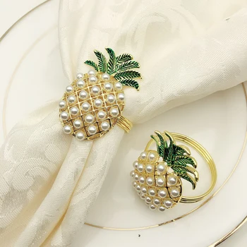 

6Pcs Cute Napkin Rings Pineapple Shape Pearl Beaded Shining Gold Christening Bangle Metal Wedding Gift Party Supplies