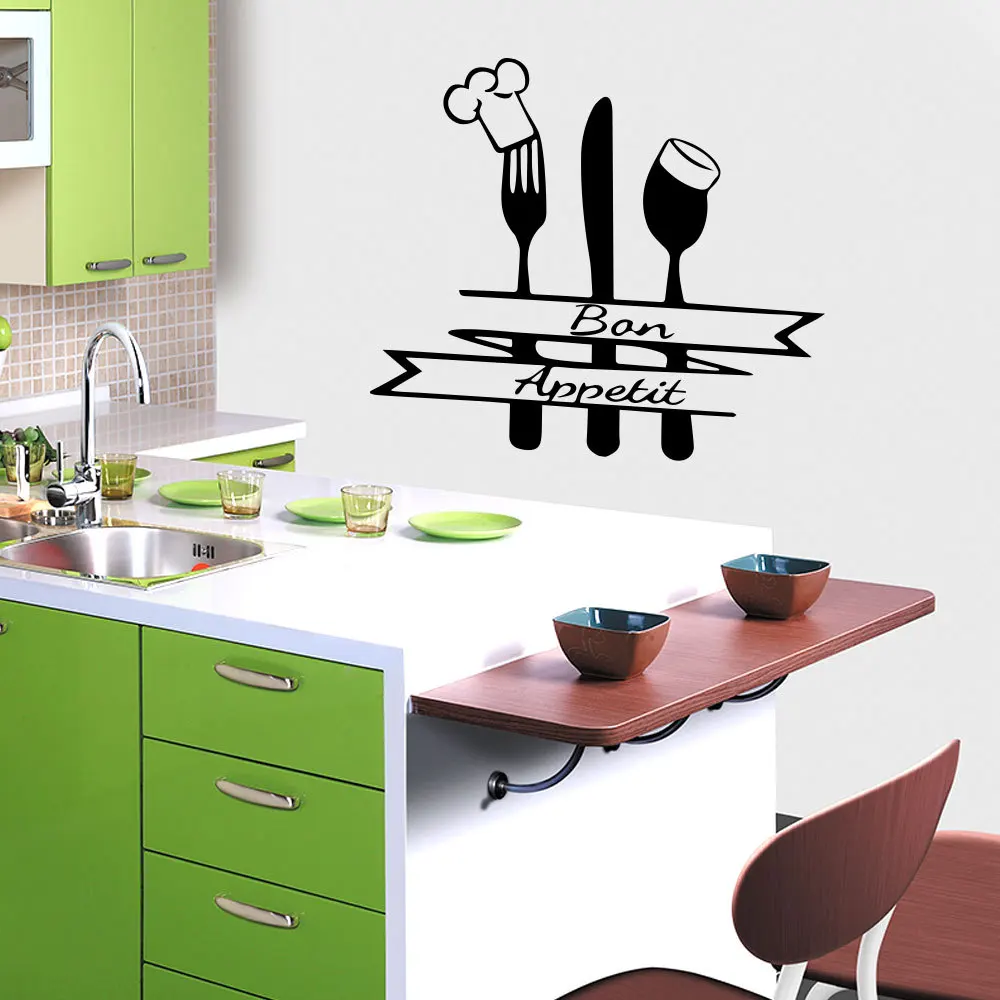 

Bon Appetit Sign Fork Spoon with Chef Head Wall Stickers for French Quote Kitchen Wall Decal Home Decor Dining Room Waterproof