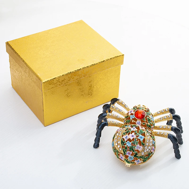 H&D Hand-painted Hinged Spider Trinket box With Crystals Enamel Animal Decor Aranchnid Figurine Collectible Jewelry Storage Gift