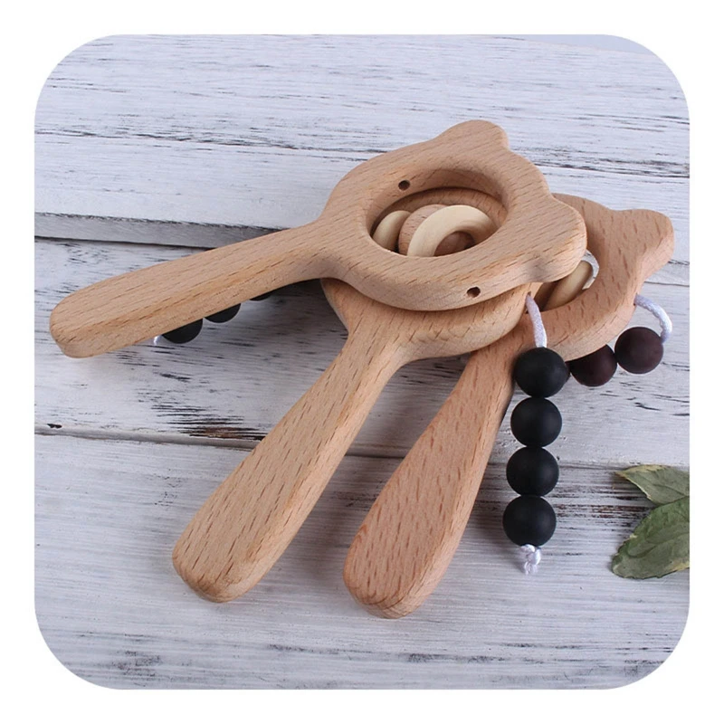 

Baby Beech Teether Bell Rattle Toddler Teething Nursing Toy Shower Gifts Silicone Beads Soother Molar