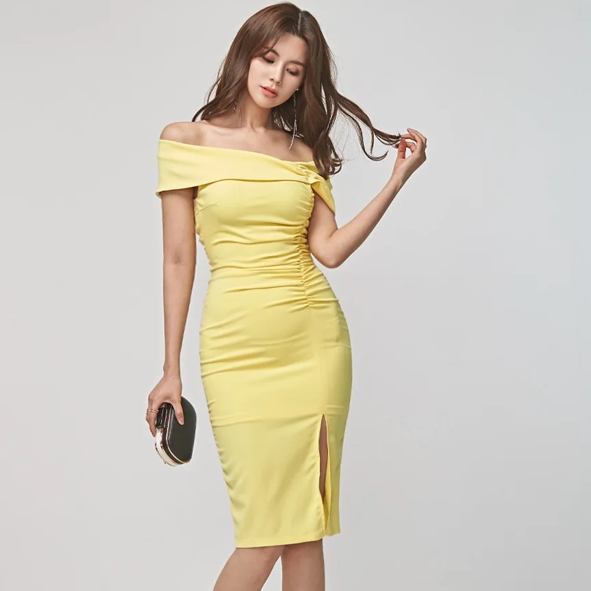 

Summer New Style Korean-style Horizontal Neck-High-waisted Wrinkle Slim Fit Slimming Slit-Front Sheath Dress Women's