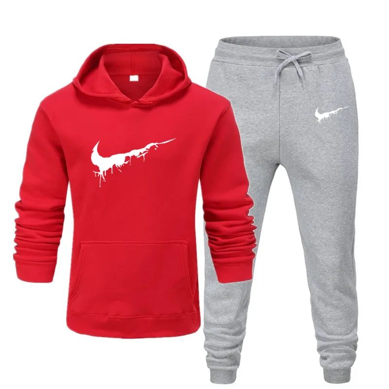 Мужская спортивная одежда, Мужская Новая Спортивная одежда для отдыха, утолщенный модный костюм с капюшоном, Мужская европейская спортивная одежда - Color: red--light gray