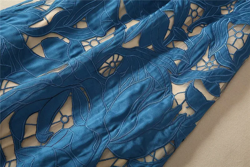 Европейские подиумные платья летние женские высококачественные элегантные с круглым вырезом без рукавов Синие кружевные сетчатые Длинные вечерние платья для женщин