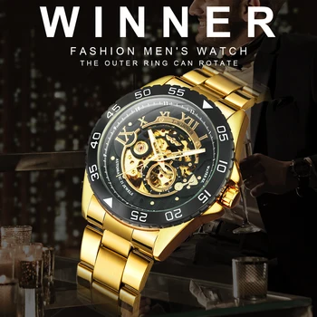 

WINNER Golden Skeleton Automatic Watch Men Fashion Business Mechanical Watches Stainless Steel Strap Rotatable Bezel Male Clock