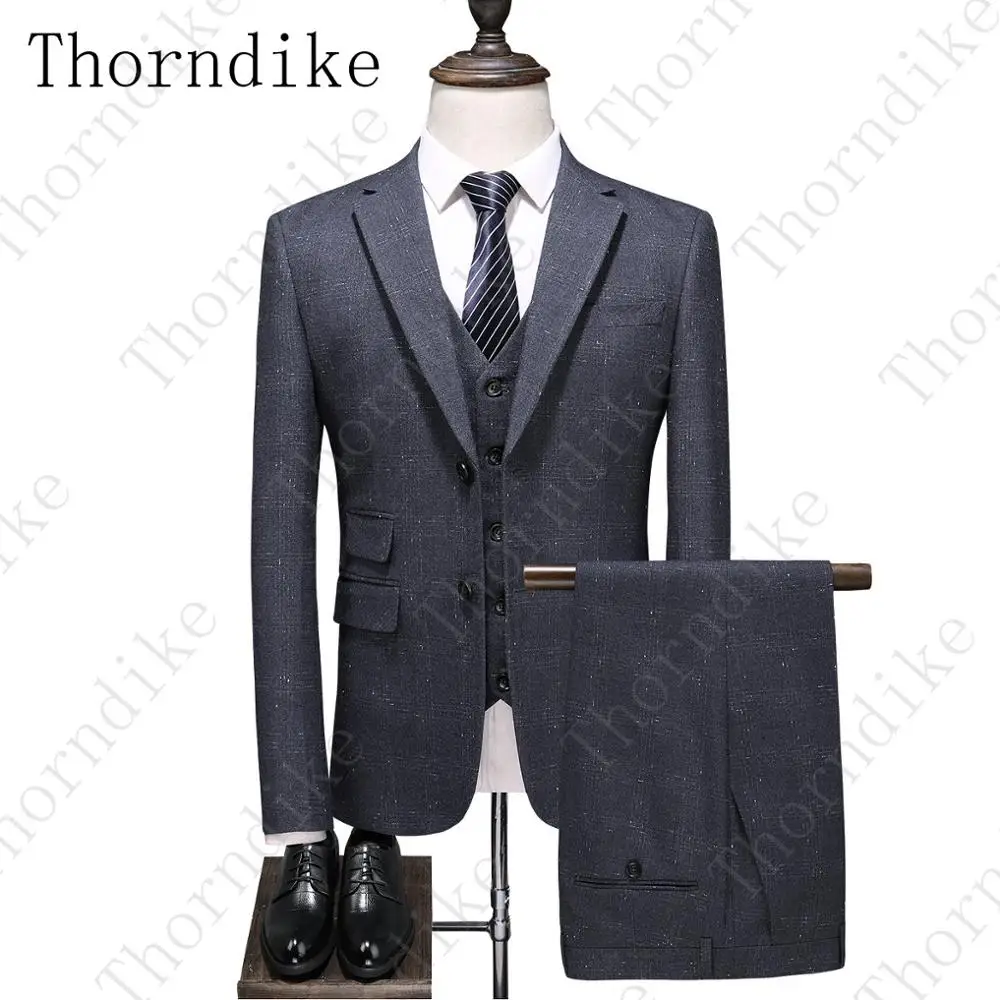 Thorndike(пиджак+ жилет+ брюки) дизайн, мужской Клетчатый полосатый костюм из 3 предметов для свадьбы, выпускного, вечерние, вечерние костюмы