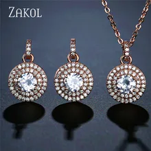 ZAKOL High Quality Cubic Zirconia Round Stud Earrings Pendant Necklace Set Bridal Jewelry for Women Anniversary Gift FSSP3030