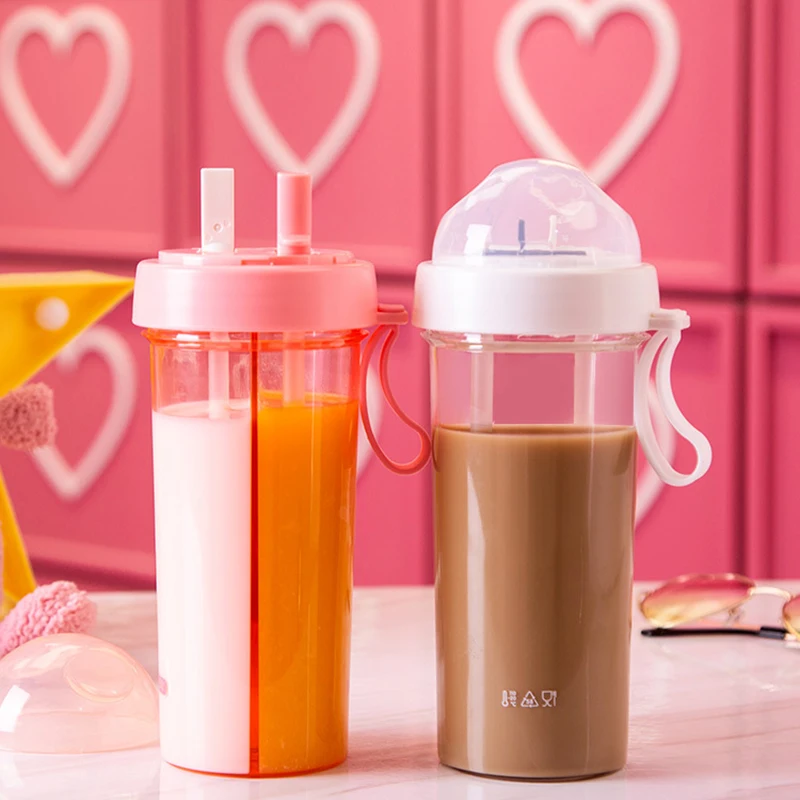 420/600ml Kawaii Double Straw Water Bottles Creative Lovers Drink Cup for Girls Portable Sports Plastic Water Bottle BPA Free