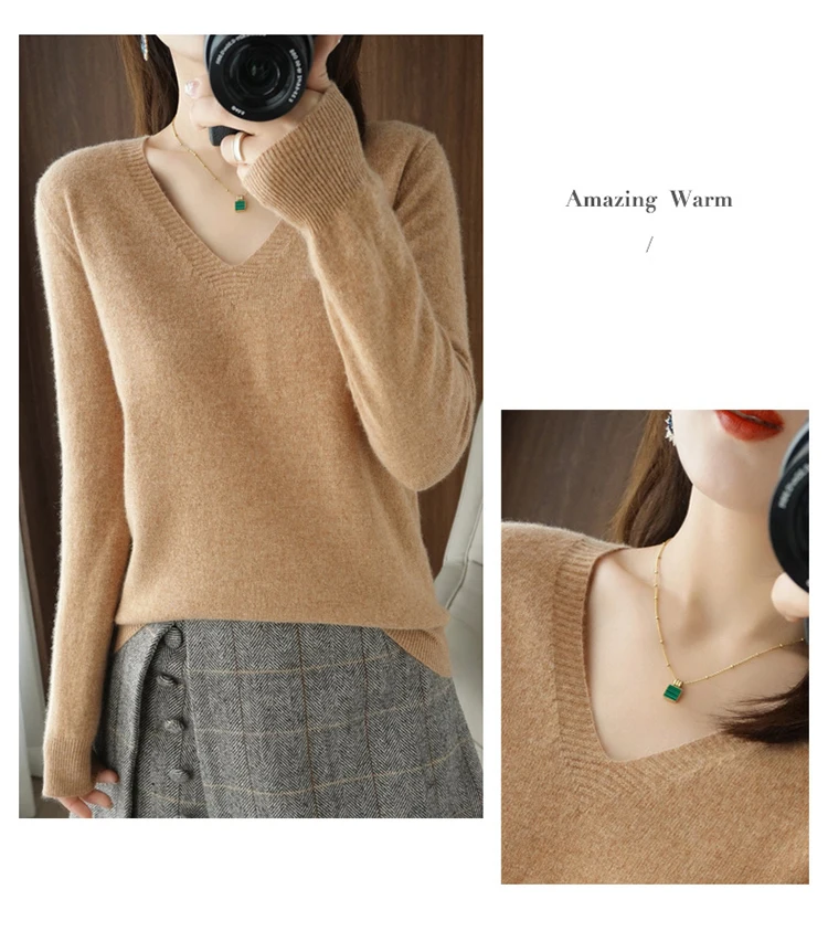 Autumn Winter New Cashmere Sweater Women Keep Warm V-neck Pullovers Knitting Sweater Fashion Korean Long Sleeve Loose Tops